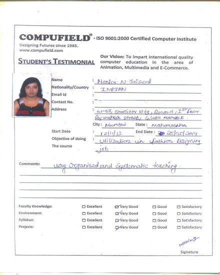 Compufield computer institute courses, in fashion designing student review