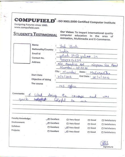 Compufield computer institute courses in basic student course student review